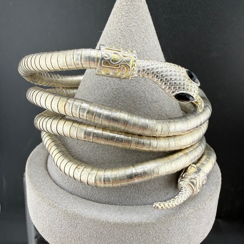 Snake Wrap Bracelet Silver Tone Black Eyes Flexible Coil Size 8